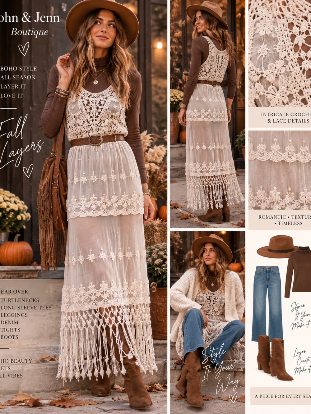 John + Jenn Boho Crochet Lace Fringe Maxi Dress L